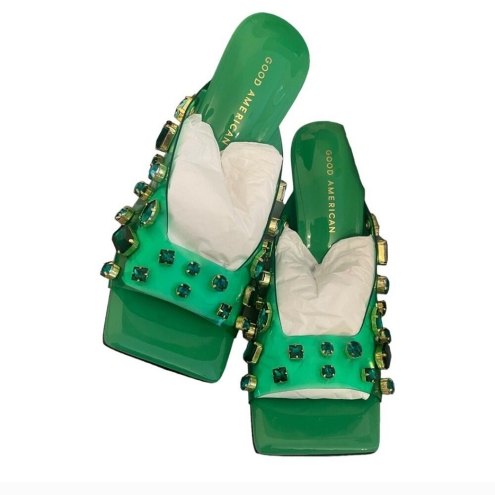 Good American Jeweled Emma Slip Heels Mules Diamonds Summer Green Size 10.5
